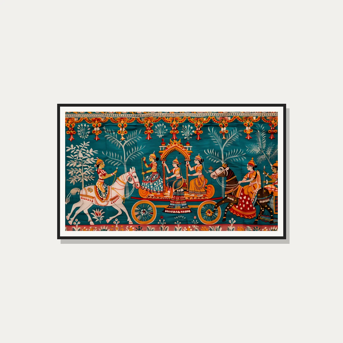 A traditional Indian Pichwai style painting depicting a grand Rath Yatra procession on a teal background. — photo frame preview | PrintPosters.in