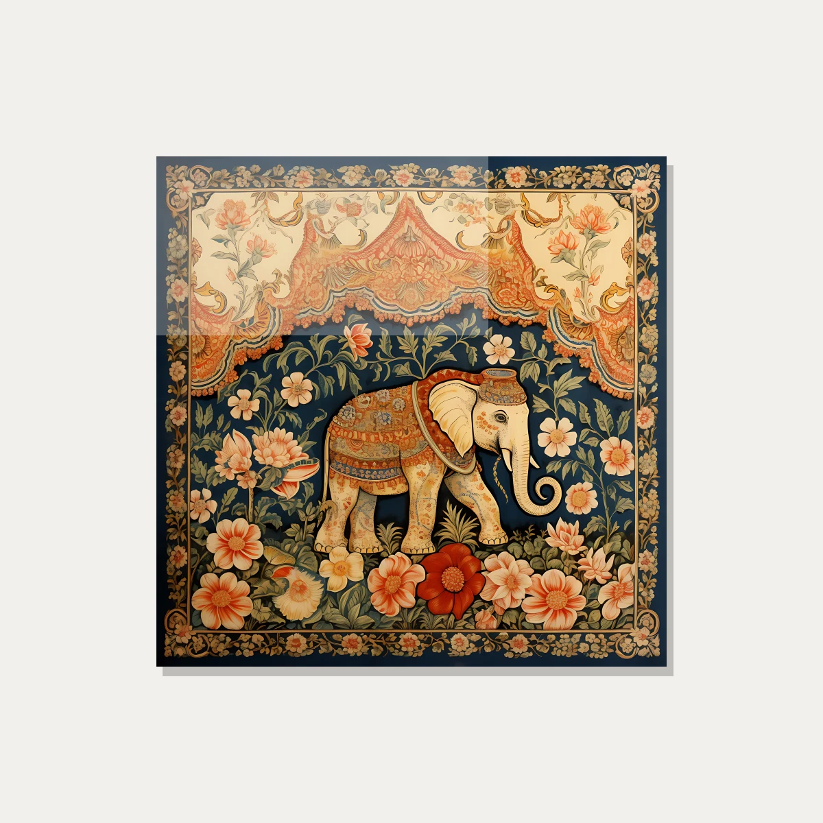 A highly decorative royal elephant walking through a lush floral garden under an ornate orange canopy in Pichwai style. — acrylic preview | PrintPosters.in
