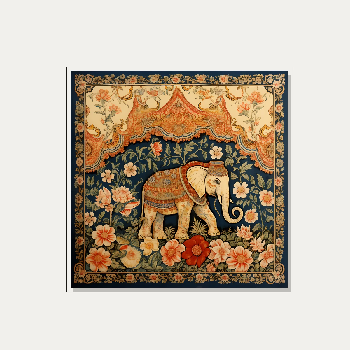 A highly decorative royal elephant walking through a lush floral garden under an ornate orange canopy in Pichwai style. — floater frame preview | PrintPosters.in