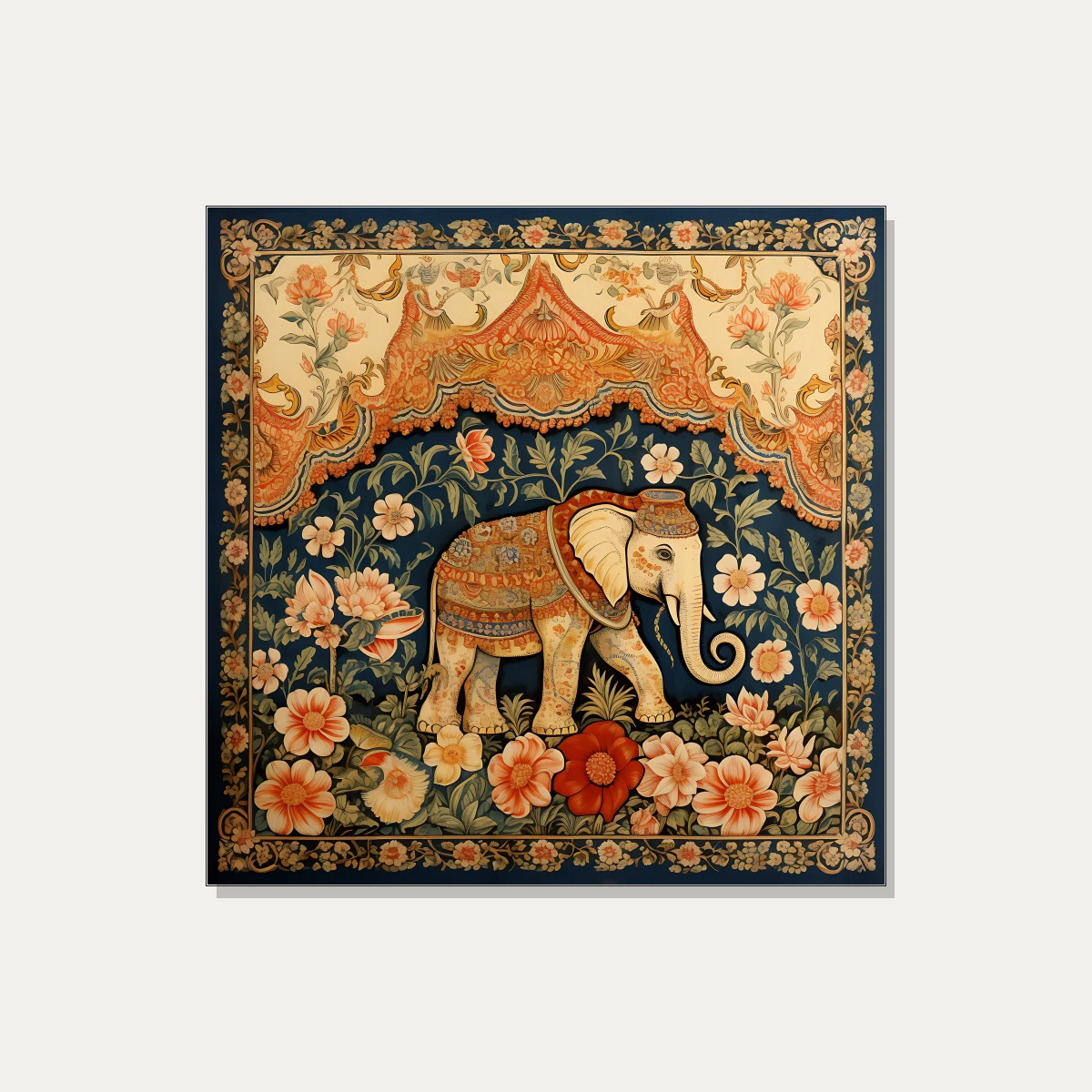 A highly decorative royal elephant walking through a lush floral garden under an ornate orange canopy in Pichwai style. | PrintPosters.in