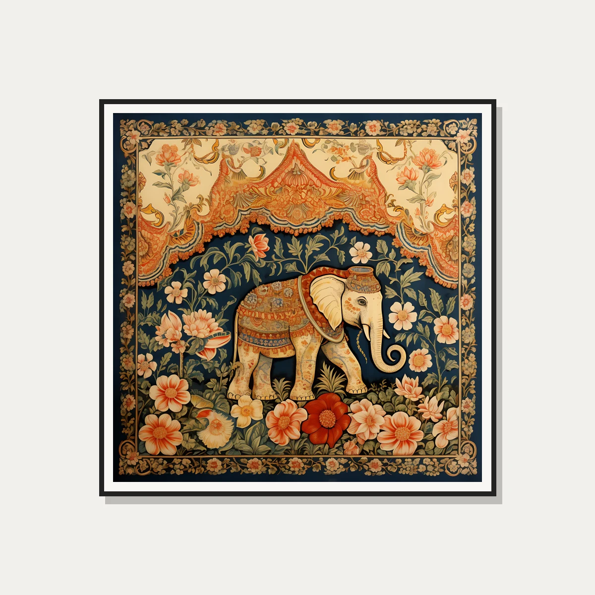 A highly decorative royal elephant walking through a lush floral garden under an ornate orange canopy in Pichwai style. — photo frame preview | PrintPosters.in