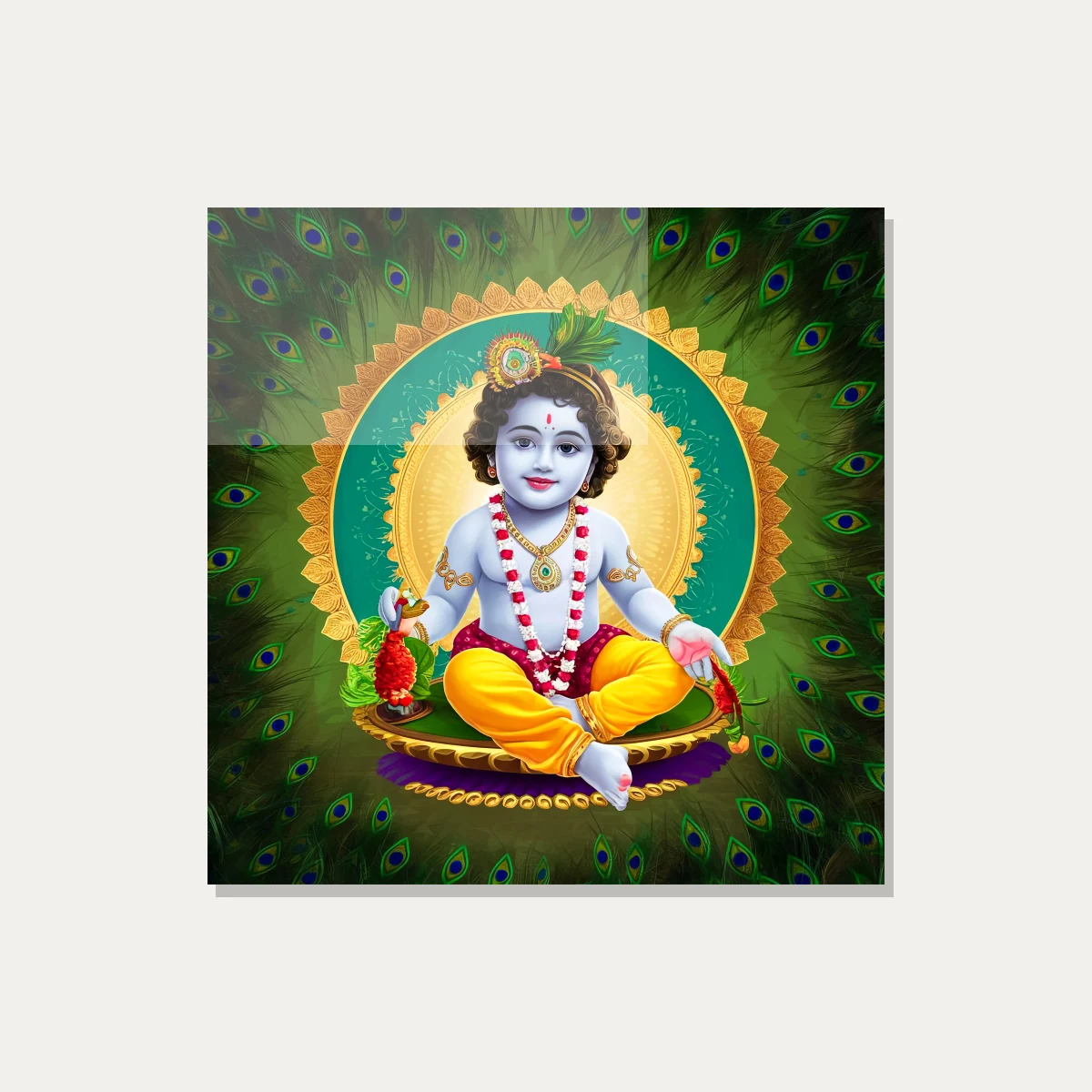Baby Bal Krishna seated peacefully inside a glowing golden circular halo surrounded by peacock feathers. — acrylic preview | PrintPosters.in