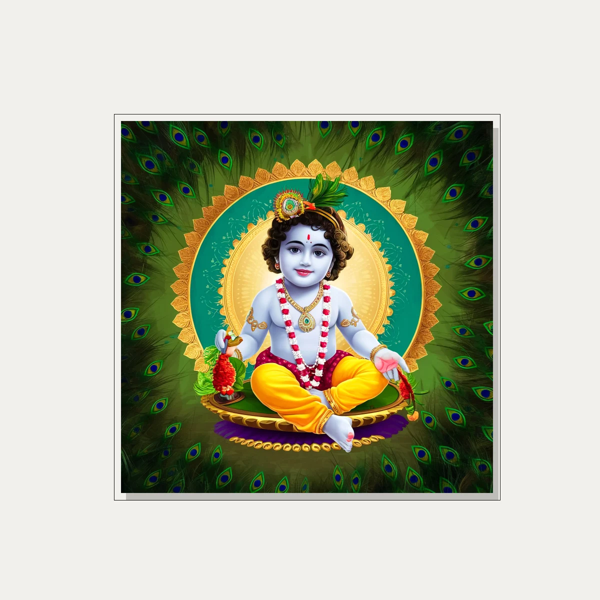Baby Bal Krishna seated peacefully inside a glowing golden circular halo surrounded by peacock feathers. — floater frame preview | PrintPosters.in