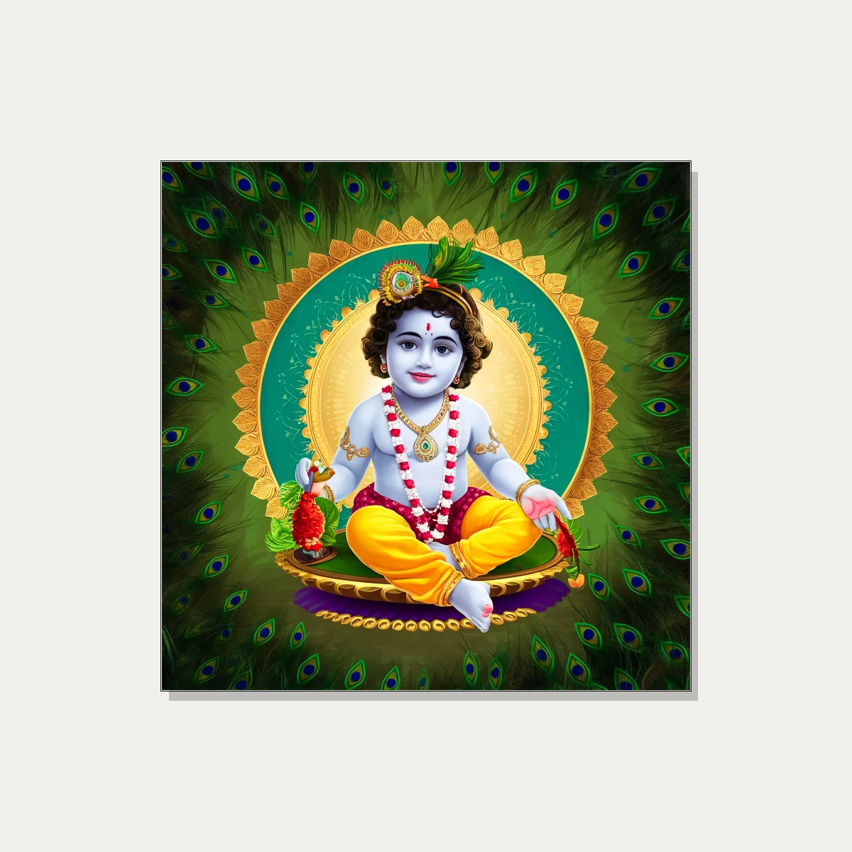 Baby Bal Krishna seated peacefully inside a glowing golden circular halo surrounded by peacock feathers. | PrintPosters.in