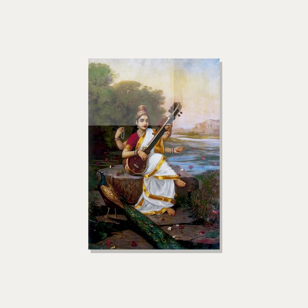 Goddess Saraswati in a white and gold sari playing veena on a rock near river by Raja Ravi Varma. — acrylic preview | PrintPosters.in