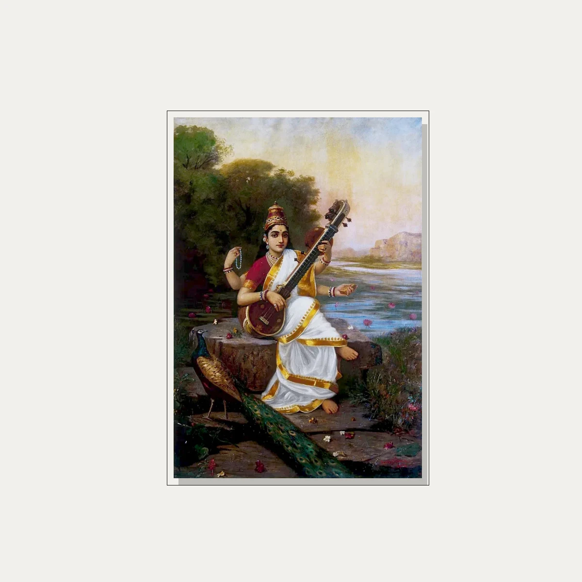 Goddess Saraswati in a white and gold sari playing veena on a rock near river by Raja Ravi Varma. — floater frame preview | PrintPosters.in