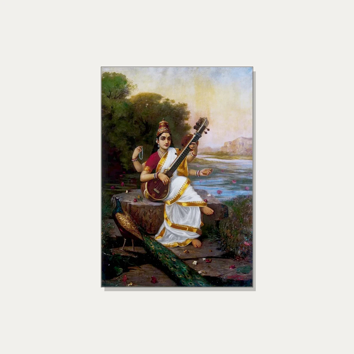 Goddess Saraswati in a white and gold sari playing veena on a rock near river by Raja Ravi Varma. | PrintPosters.in