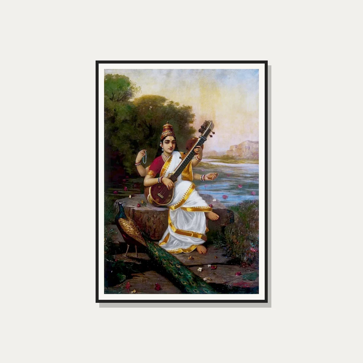 Goddess Saraswati in a white and gold sari playing veena on a rock near river by Raja Ravi Varma. — photo frame preview | PrintPosters.in
