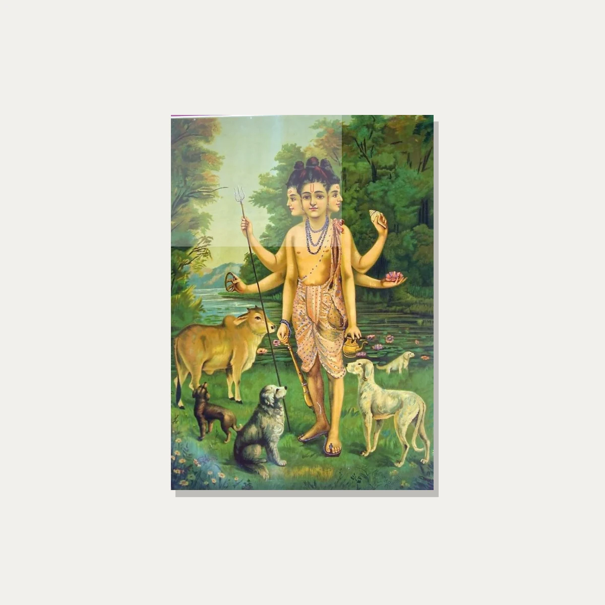 Painting of three-headed Lord Dattatreya standing in a forest with four dogs and a sacred cow. — acrylic preview | PrintPosters.in