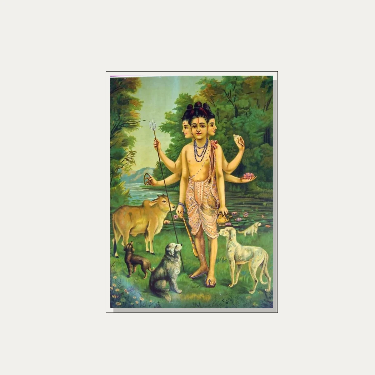 Painting of three-headed Lord Dattatreya standing in a forest with four dogs and a sacred cow. — floater frame preview | PrintPosters.in