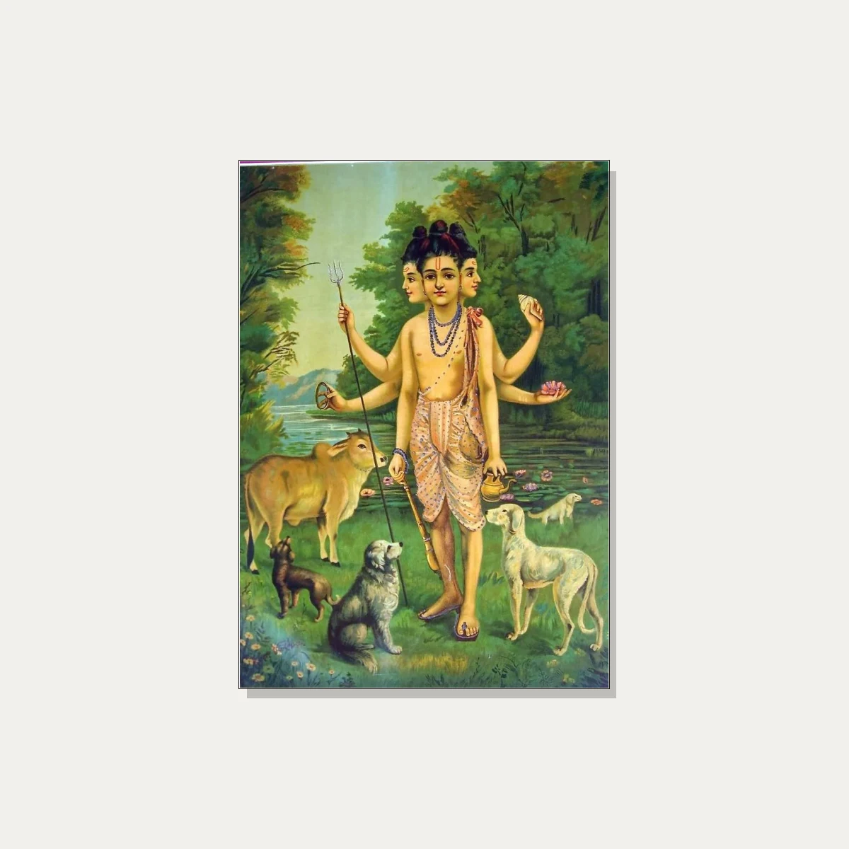 Painting of three-headed Lord Dattatreya standing in a forest with four dogs and a sacred cow. | PrintPosters.in