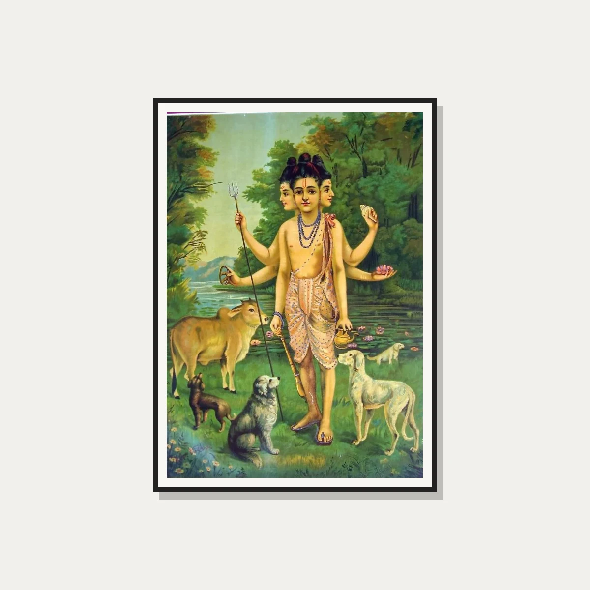 Painting of three-headed Lord Dattatreya standing in a forest with four dogs and a sacred cow. — photo frame preview | PrintPosters.in