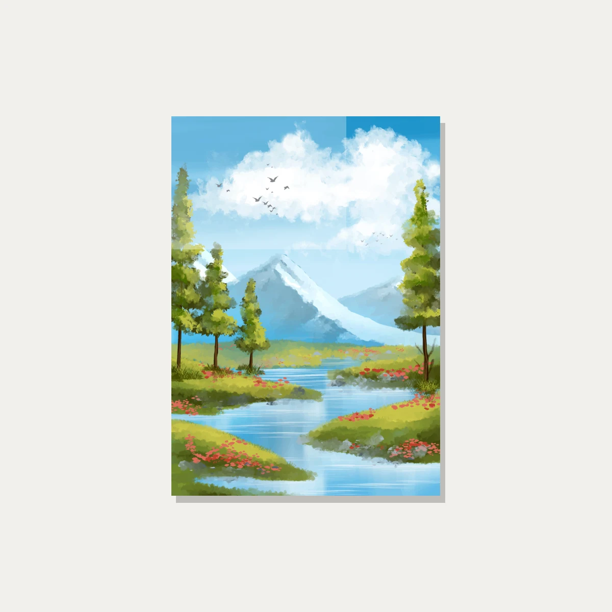 Sunny Mountain River Meadow Canvas Print wall art print — acrylic preview | PrintPosters.in