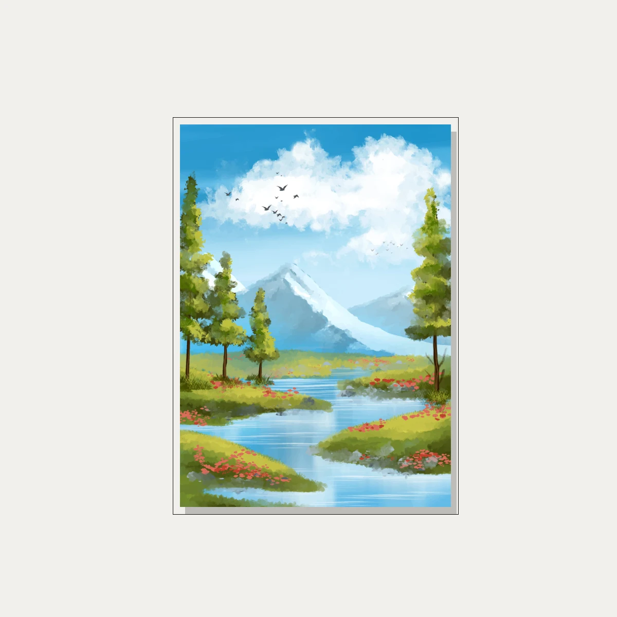 Sunny Mountain River Meadow Canvas Print wall art print — floater frame preview | PrintPosters.in