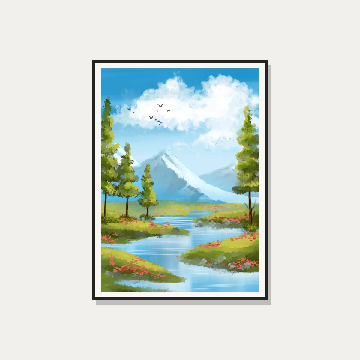 Sunny Mountain River Meadow Canvas Print wall art print — photo frame preview | PrintPosters.in
