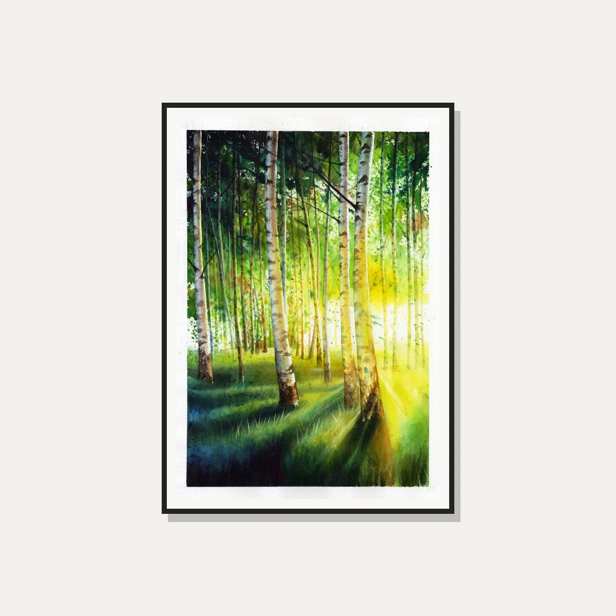 Sunlit Birch Forest Watercolor — photo frame preview | PrintPosters.in