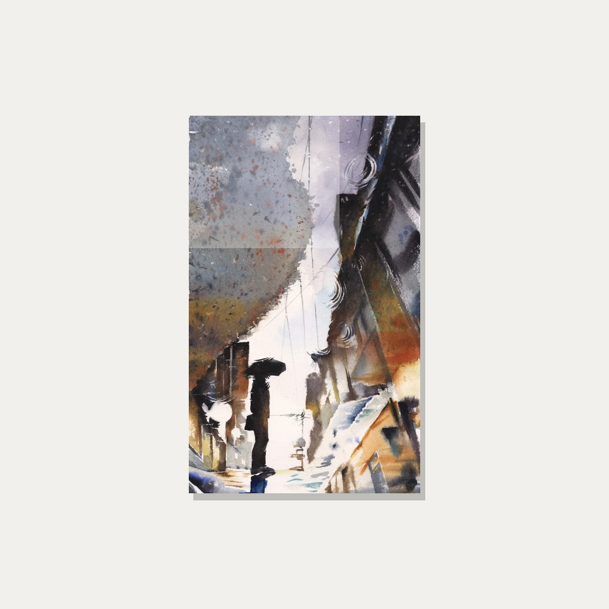 Moody Urban Rain Silhouette Watercolor — acrylic preview | PrintPosters.in