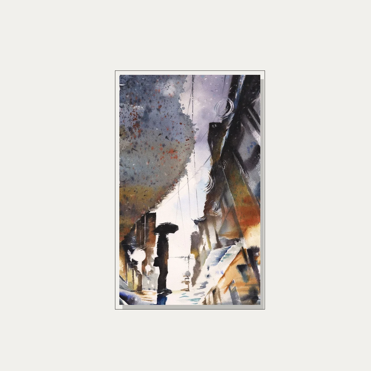 Moody Urban Rain Silhouette Watercolor — floater frame preview | PrintPosters.in
