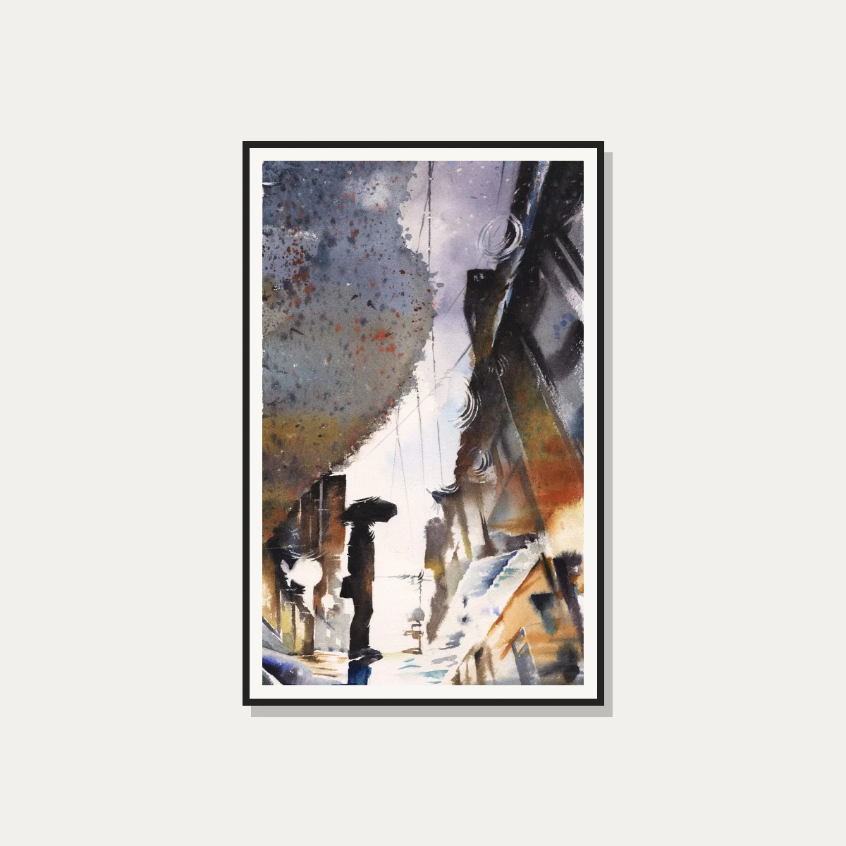 Moody Urban Rain Silhouette Watercolor — photo frame preview | PrintPosters.in