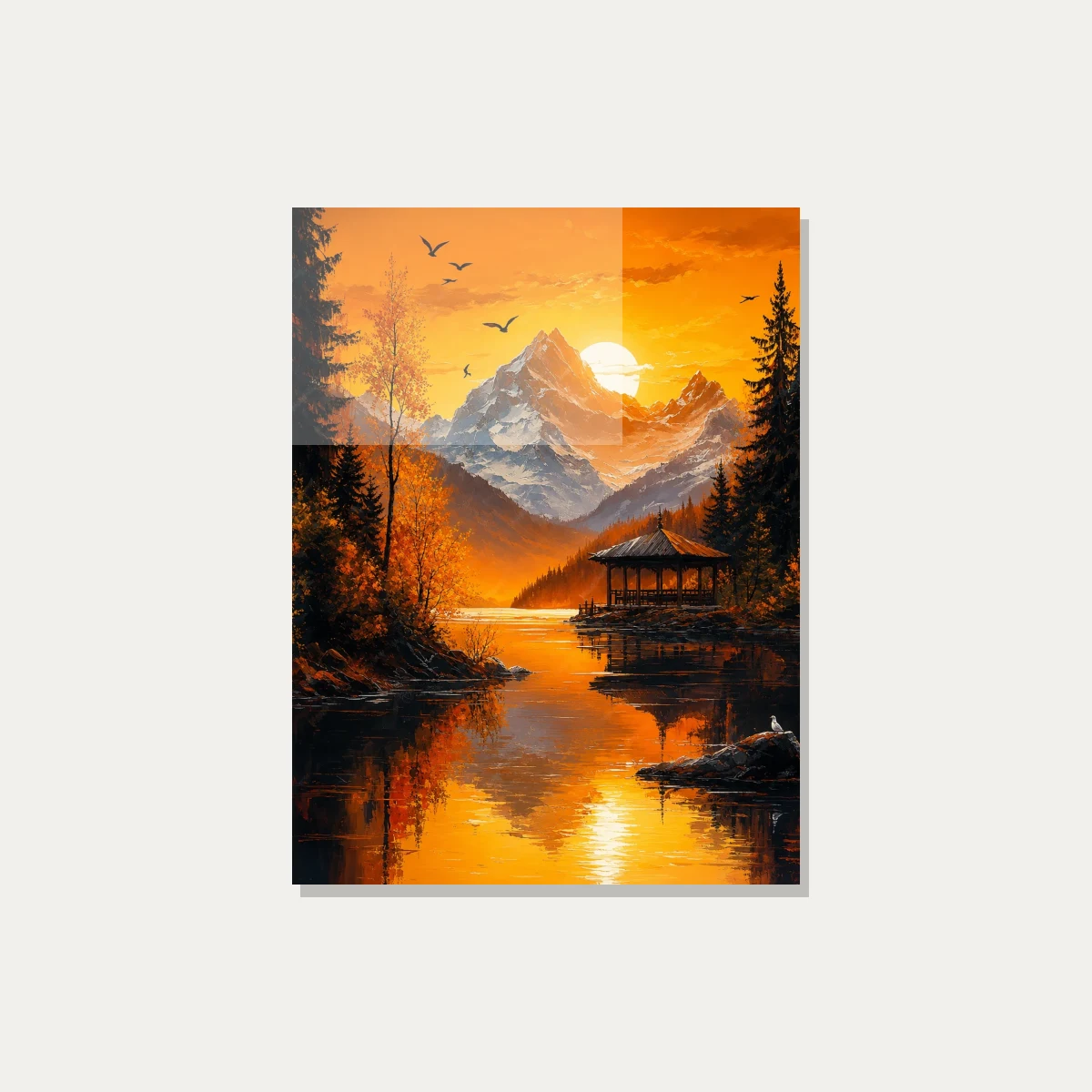 Vibrant Orange Mountain Lake Pavilion Canvas wall art print — acrylic preview | PrintPosters.in