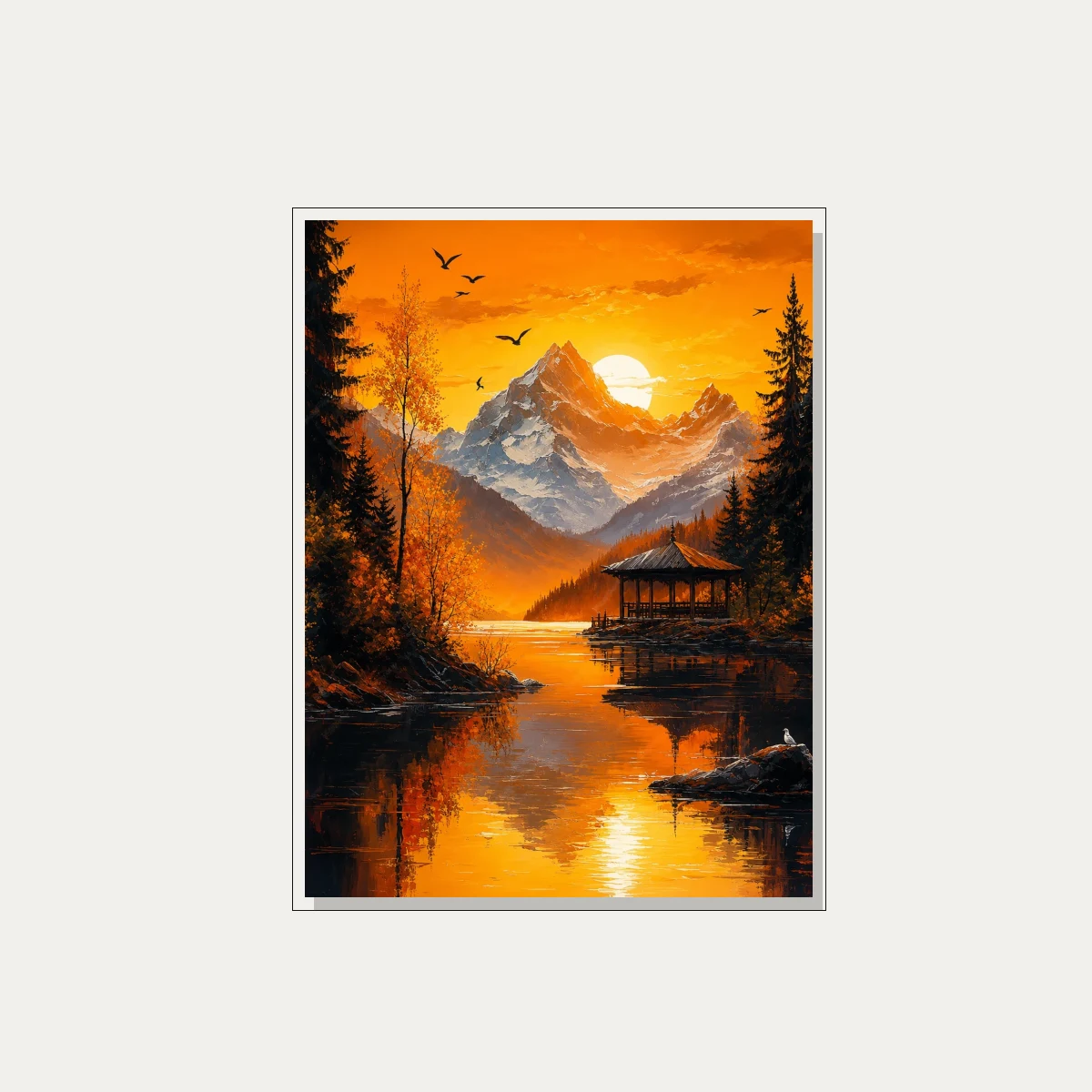Vibrant Orange Mountain Lake Pavilion Canvas wall art print — floater frame preview | PrintPosters.in