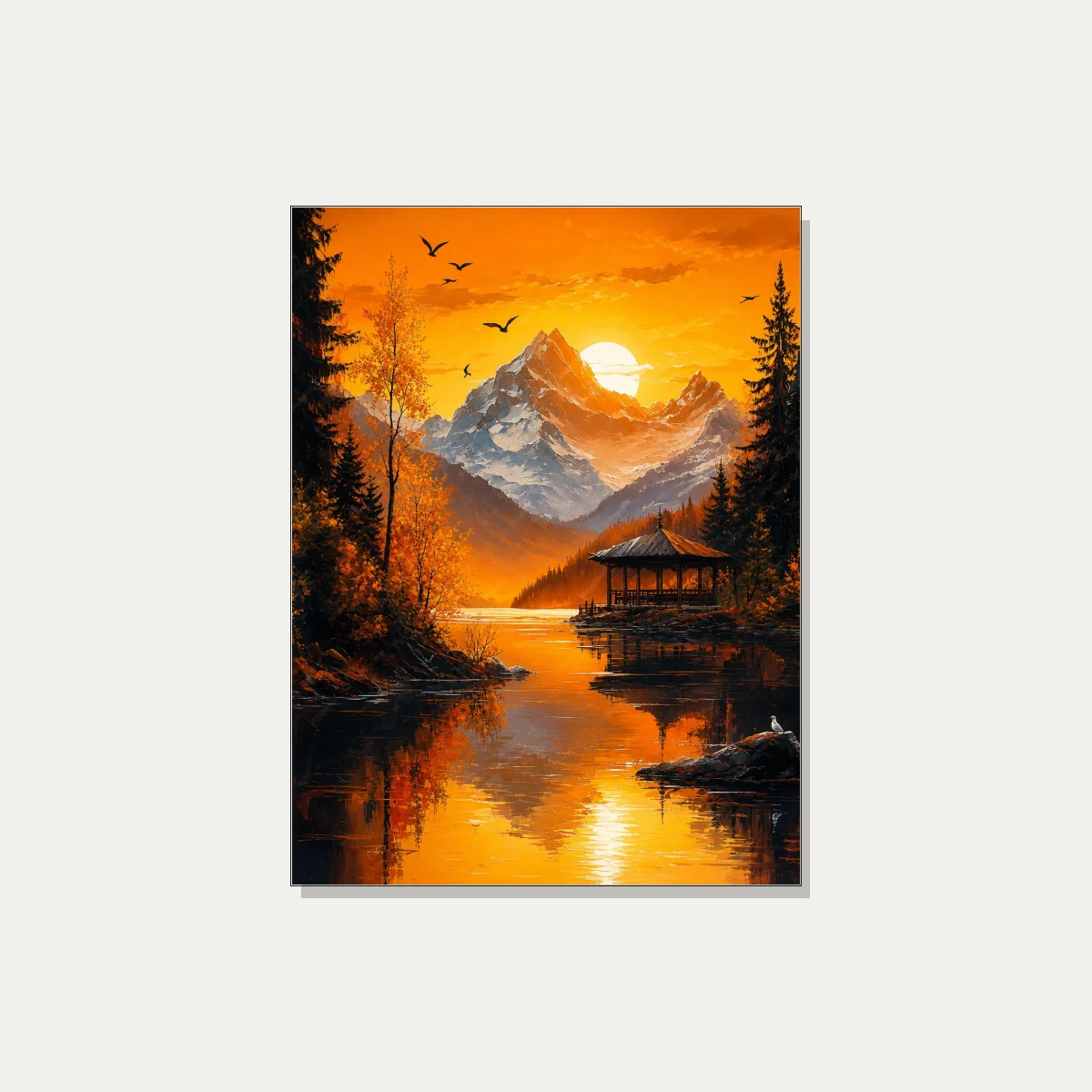 Vibrant Orange Mountain Lake Pavilion Canvas wall art print | PrintPosters.in