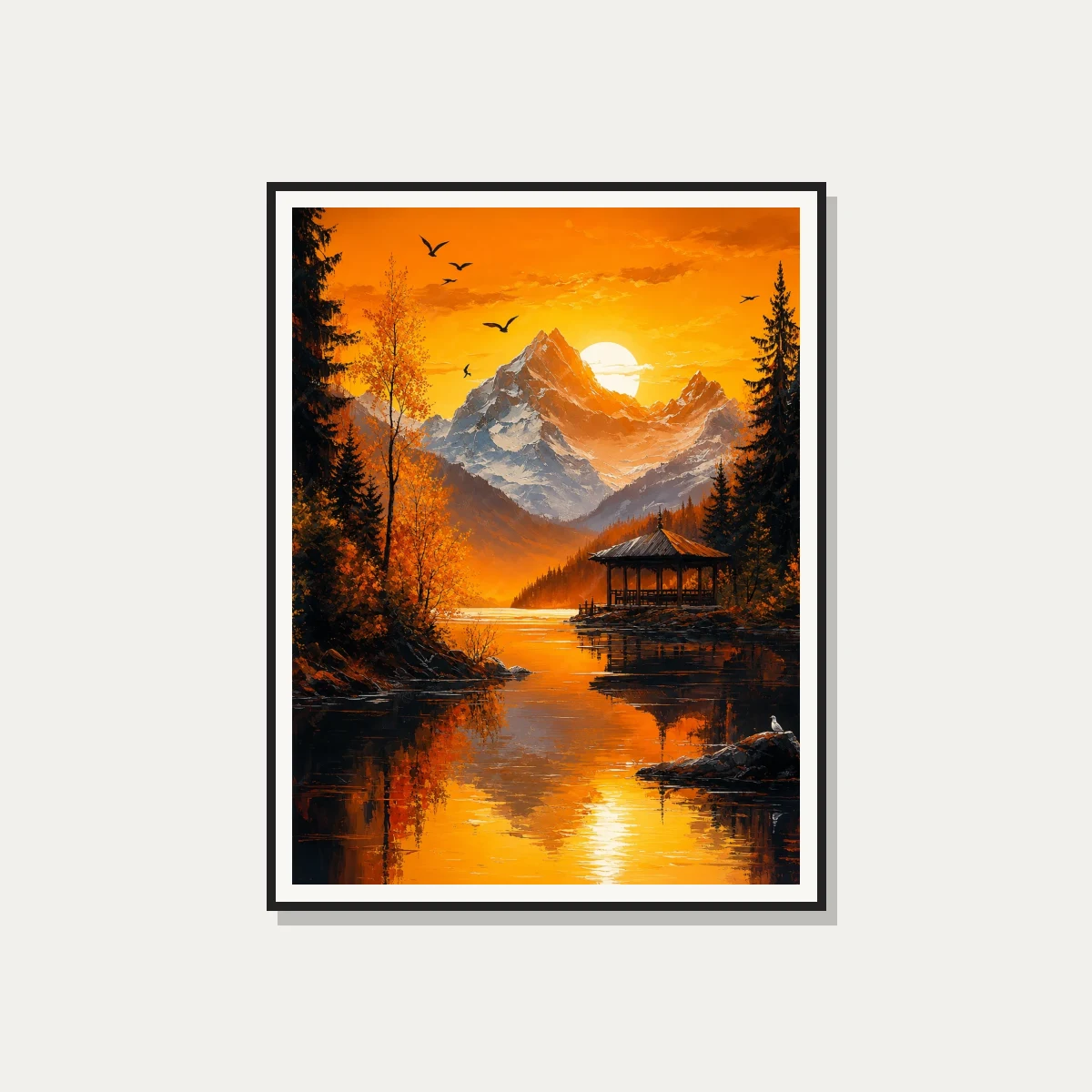 Vibrant Orange Mountain Lake Pavilion Canvas wall art print — photo frame preview | PrintPosters.in