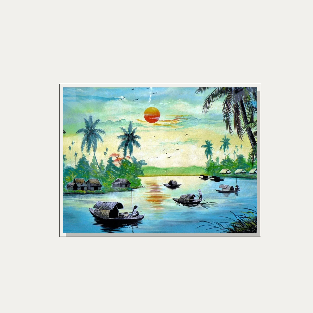 Traditional Vietnamese River Sunset Canvas wall art print — floater frame preview | PrintPosters.in