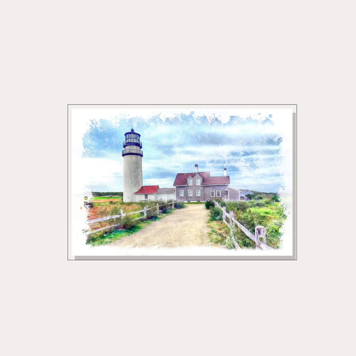 Watercolor Coastal Lighthouse Landscape Canvas wall art print — floater frame preview | PrintPosters.in