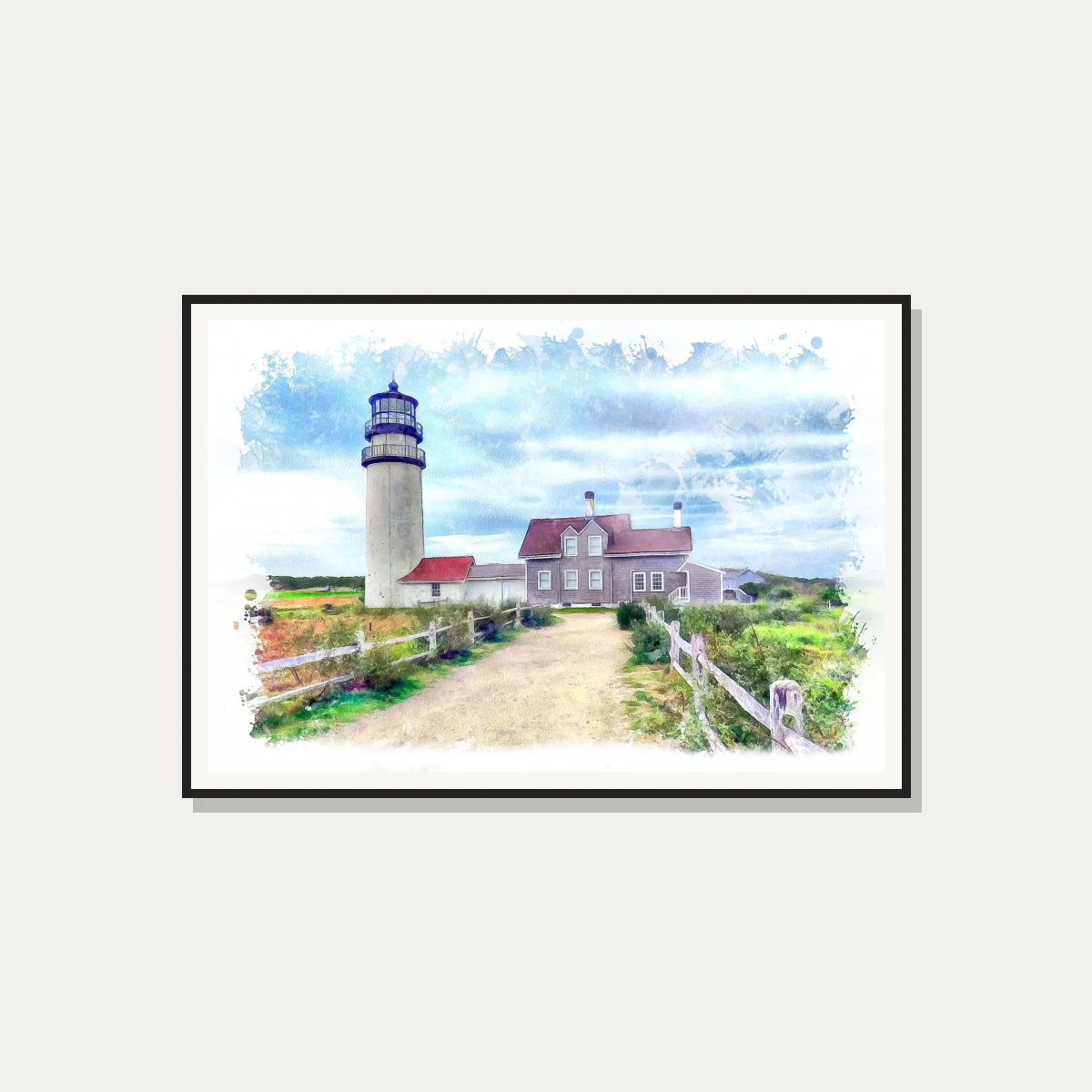 Watercolor Coastal Lighthouse Landscape Canvas wall art print — photo frame preview | PrintPosters.in