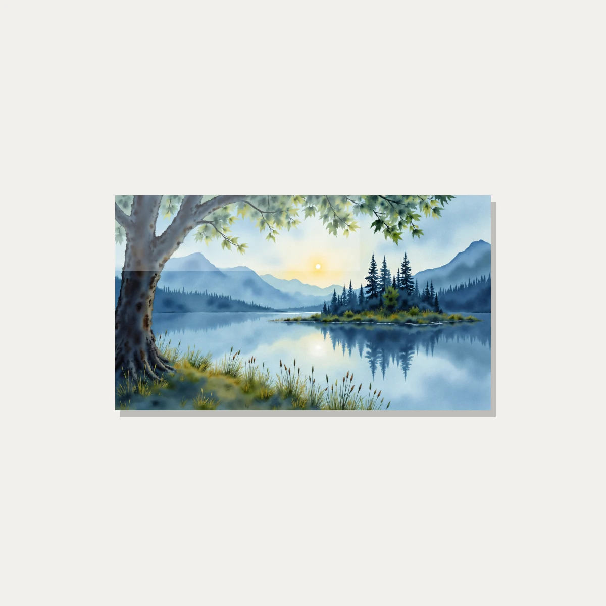 Serene Watercolor Lakeside Sunrise Canvas wall art print — acrylic preview | PrintPosters.in