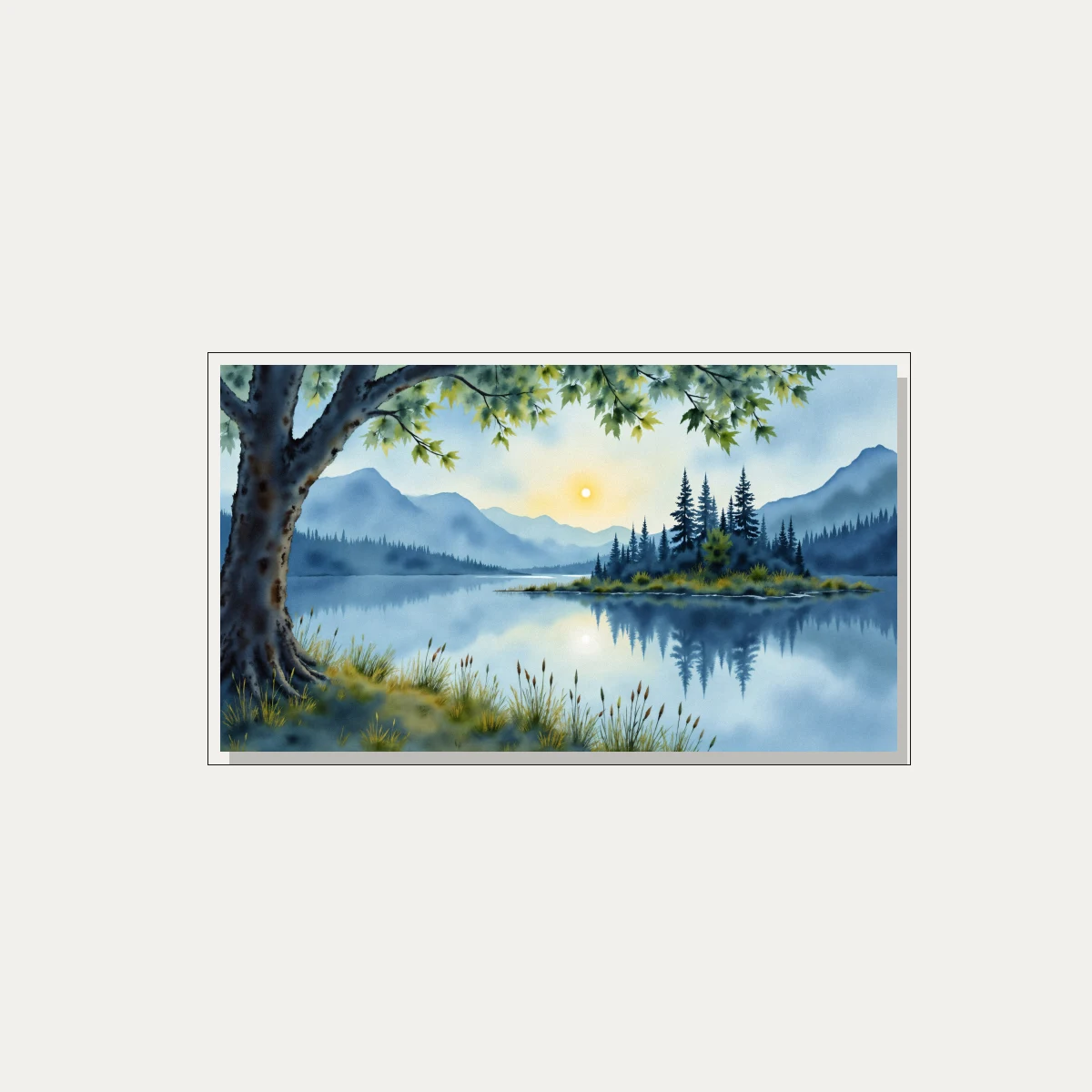Serene Watercolor Lakeside Sunrise Canvas wall art print — floater frame preview | PrintPosters.in