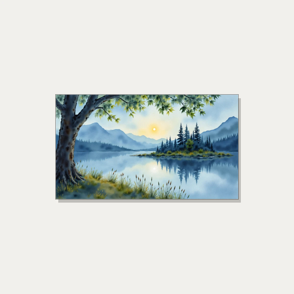 Serene Watercolor Lakeside Sunrise Canvas wall art print | PrintPosters.in