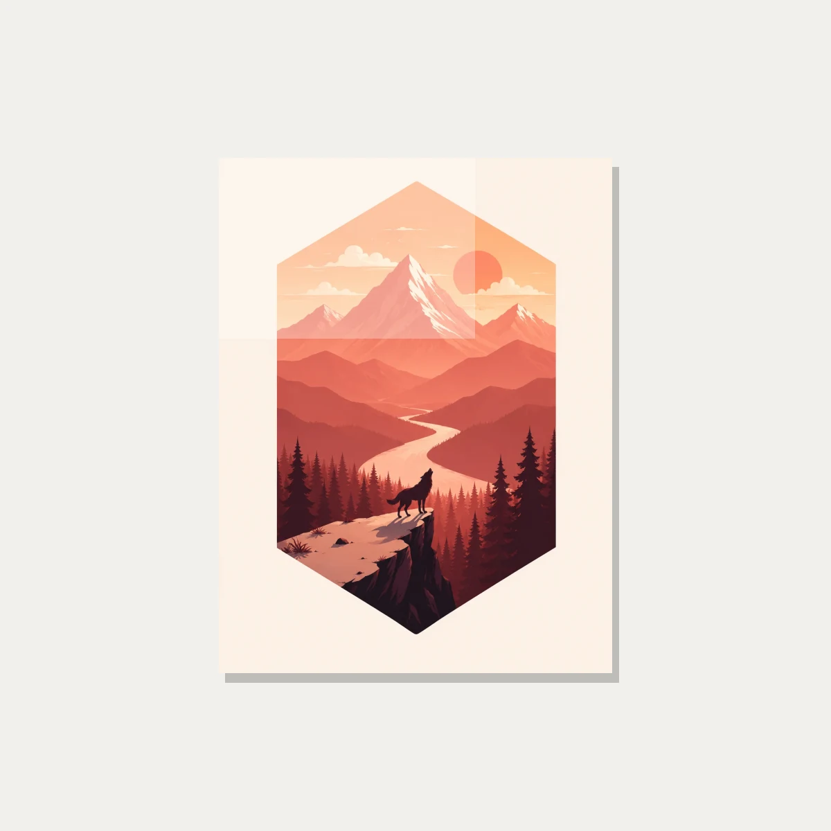 Geometric Howling Wolf Sunset Landscape Canvas wall art print — acrylic preview | PrintPosters.in
