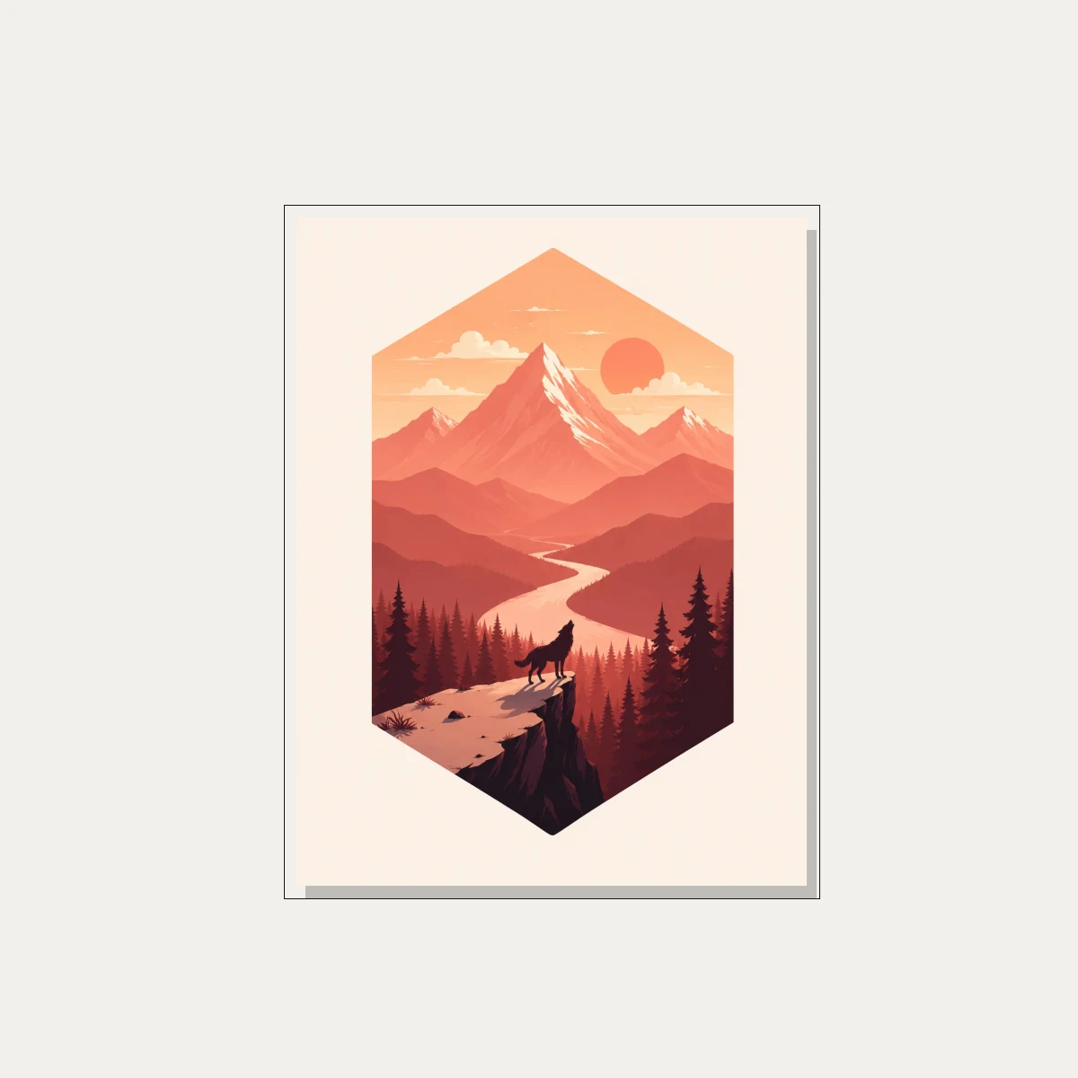 Geometric Howling Wolf Sunset Landscape Canvas wall art print — floater frame preview | PrintPosters.in