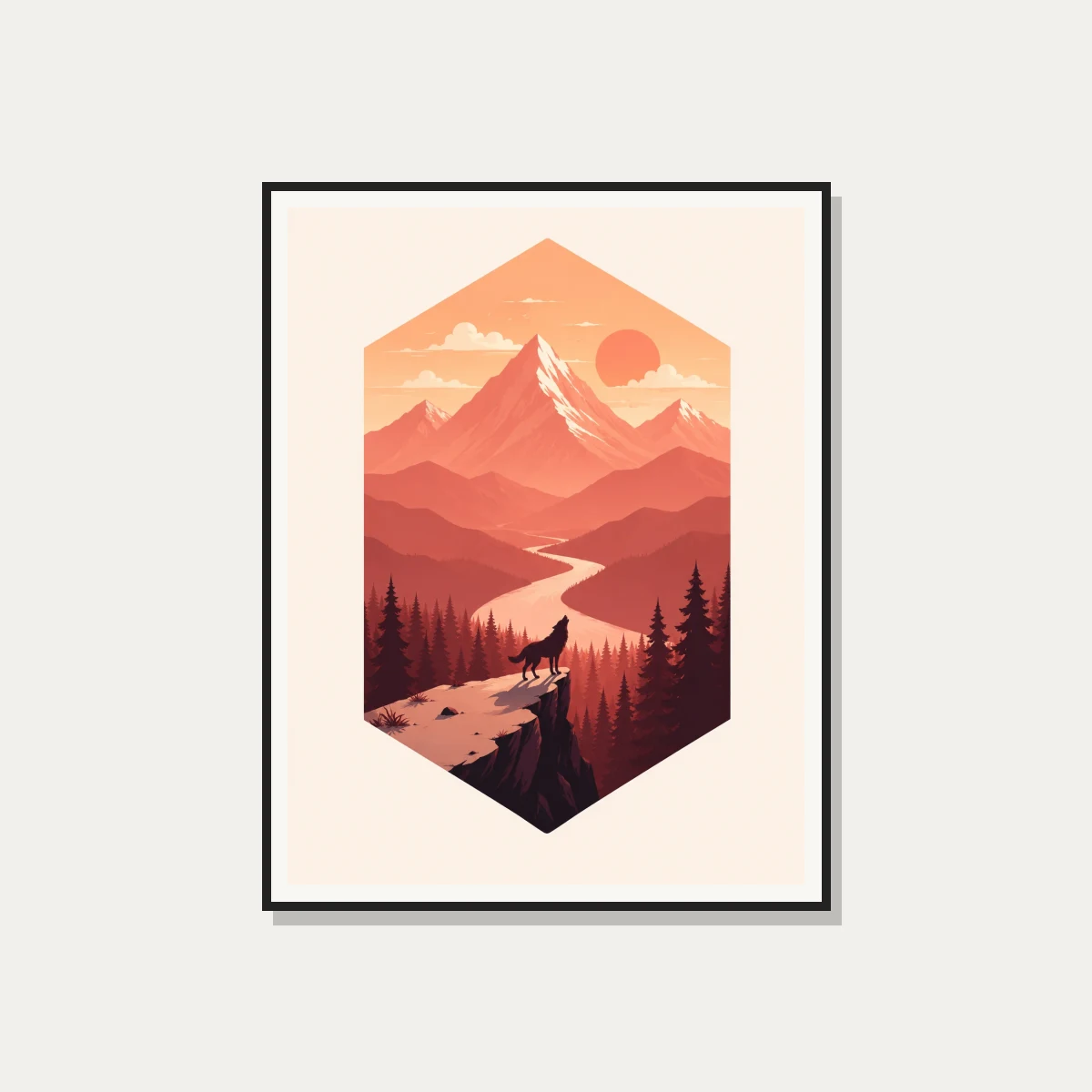 Geometric Howling Wolf Sunset Landscape Canvas wall art print — photo frame preview | PrintPosters.in