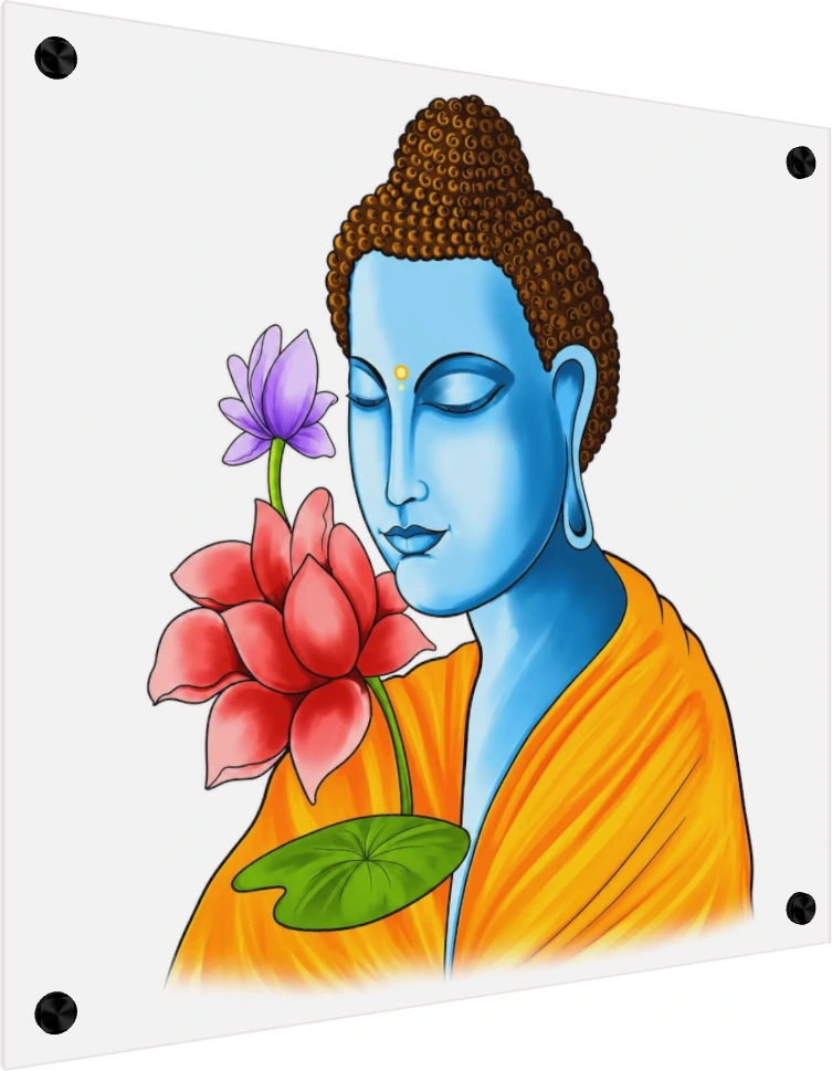 A vibrant digital illustration of Lord Buddha with blue skin, closed eyes, and a saffron robe next to a red lotus. — acrylic preview | PrintPosters.in
