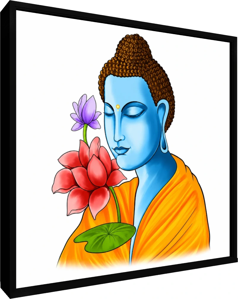 A vibrant digital illustration of Lord Buddha with blue skin, closed eyes, and a saffron robe next to a red lotus. — floater frame preview | PrintPosters.in