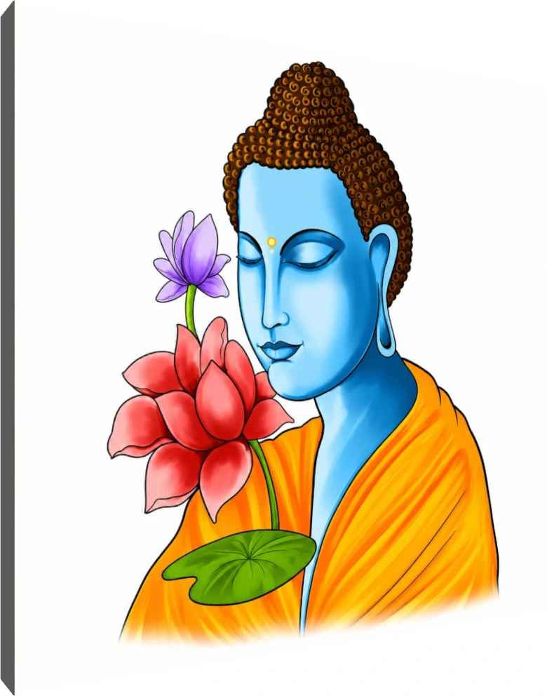 A vibrant digital illustration of Lord Buddha with blue skin, closed eyes, and a saffron robe next to a red lotus. | PrintPosters.in