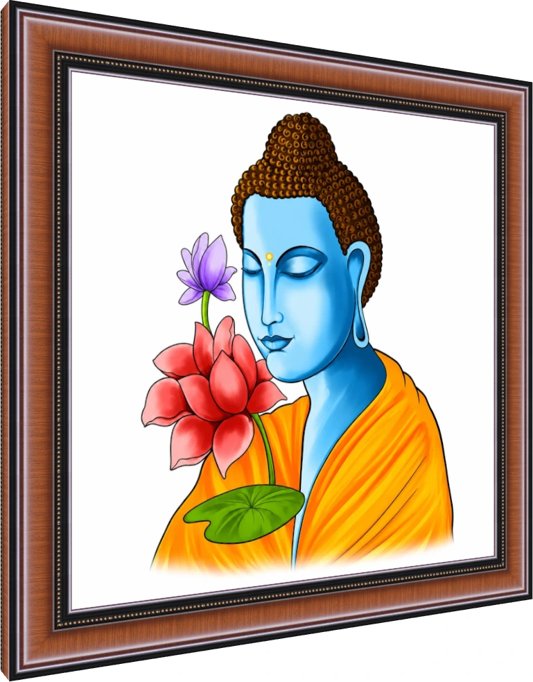 A vibrant digital illustration of Lord Buddha with blue skin, closed eyes, and a saffron robe next to a red lotus. — photo frame preview | PrintPosters.in