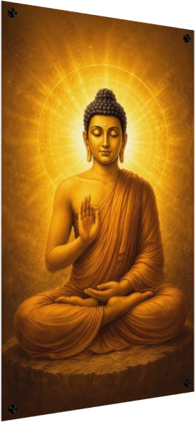A serene golden painting of Lord Buddha meditating with a radiating circular aura behind his head. — acrylic preview | PrintPosters.in