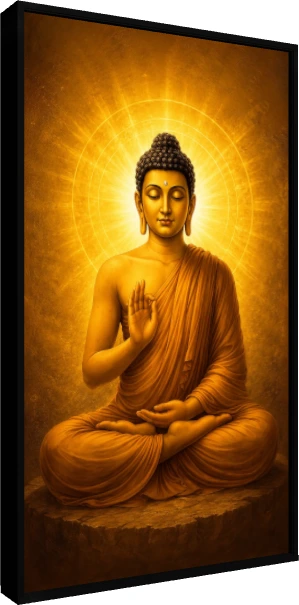 A serene golden painting of Lord Buddha meditating with a radiating circular aura behind his head. — floater frame preview | PrintPosters.in