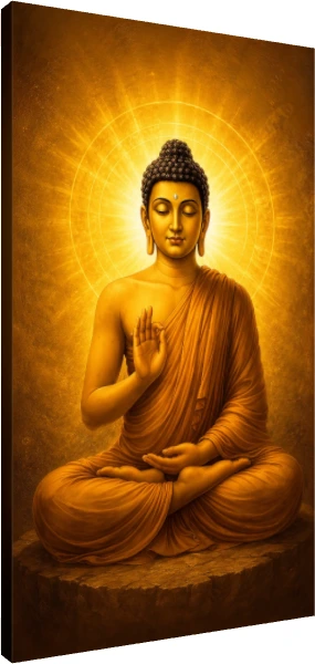 A serene golden painting of Lord Buddha meditating with a radiating circular aura behind his head. | PrintPosters.in