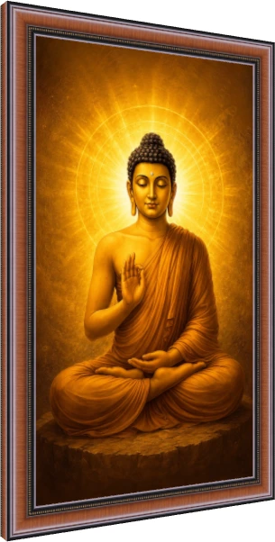 A serene golden painting of Lord Buddha meditating with a radiating circular aura behind his head. — photo frame preview | PrintPosters.in