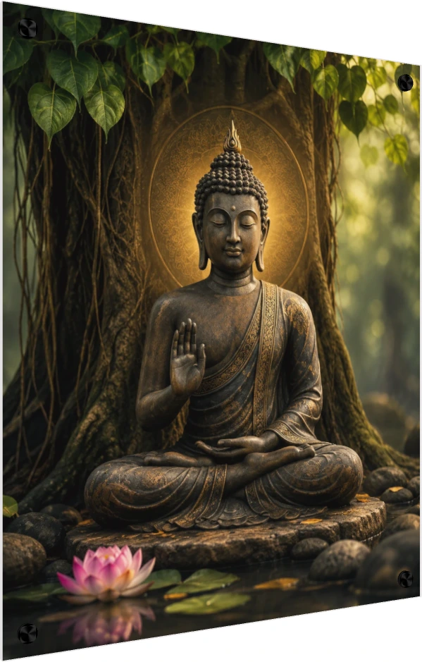 A bronze Lord Buddha statue meditating under a Bodhi tree with a pink lotus in the foreground. — acrylic preview | PrintPosters.in