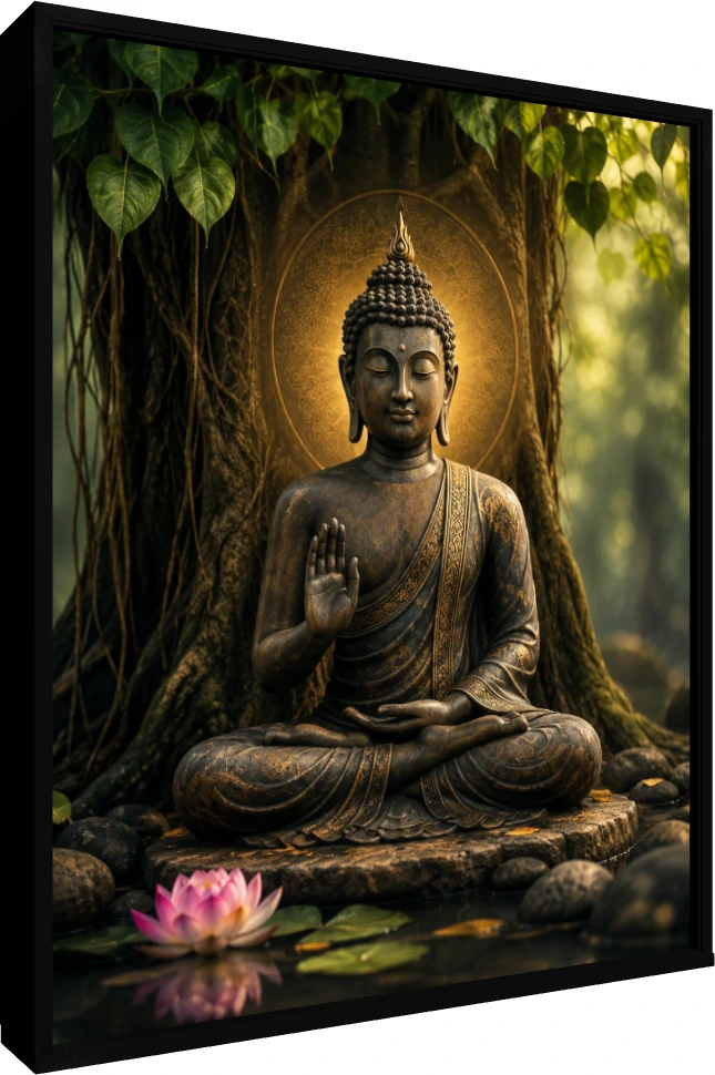 A bronze Lord Buddha statue meditating under a Bodhi tree with a pink lotus in the foreground. — floater frame preview | PrintPosters.in