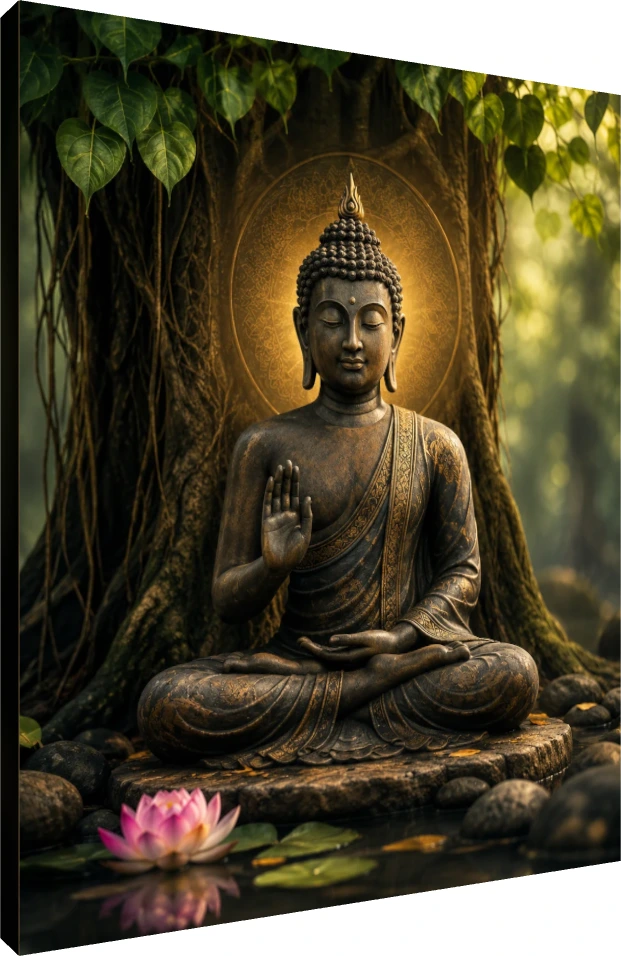 A bronze Lord Buddha statue meditating under a Bodhi tree with a pink lotus in the foreground. | PrintPosters.in