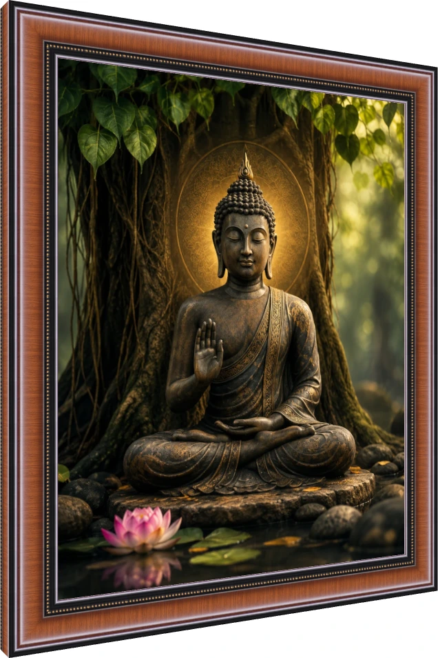 A bronze Lord Buddha statue meditating under a Bodhi tree with a pink lotus in the foreground. — photo frame preview | PrintPosters.in