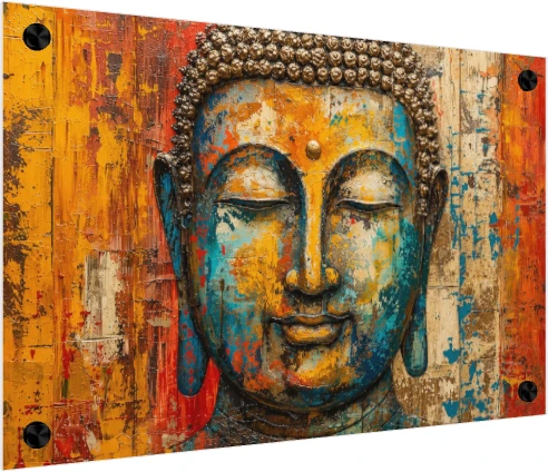 Abstract textured canvas print of Lord Buddha's face in vibrant teal, gold, and orange hues with closed eyes. — acrylic preview | PrintPosters.in