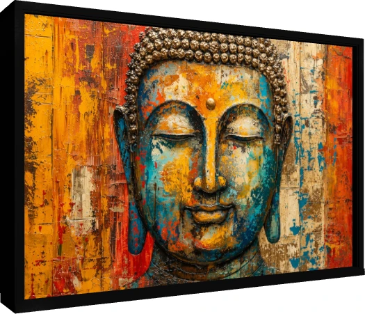 Abstract textured canvas print of Lord Buddha's face in vibrant teal, gold, and orange hues with closed eyes. — floater frame preview | PrintPosters.in